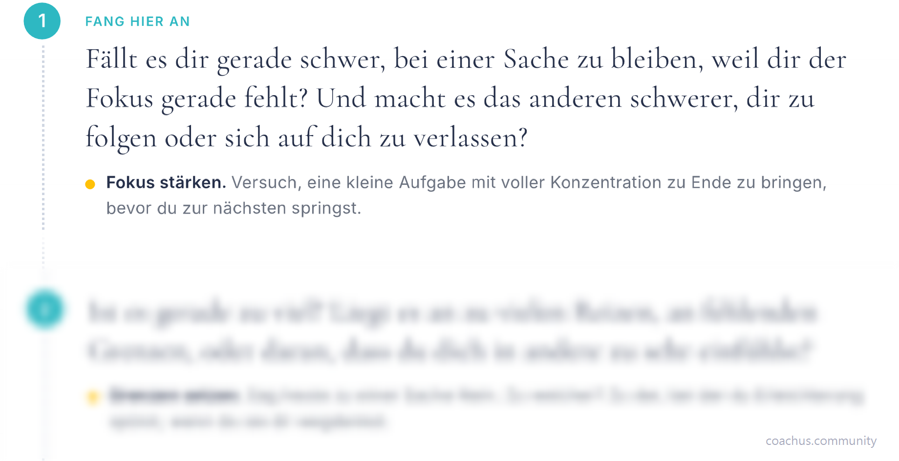 Ausschnitt aus einer Auswertung: Schritt 1, Fang hier an, Fokus st&auml;rken. Der zweite Schritt ist unscharf.
